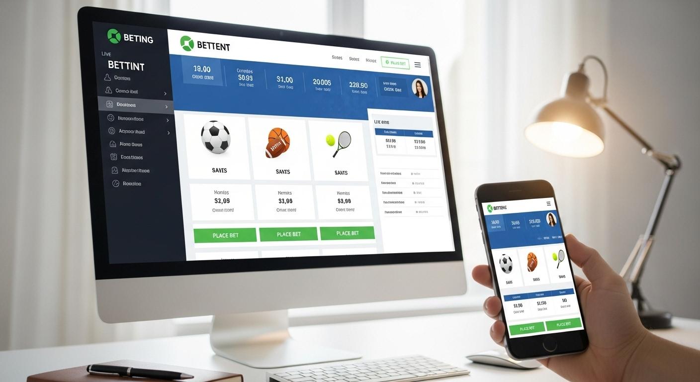 Un écran d’ordinateur et un smartphone affichant une interface de site de paris claire et moderne, avec des menus visibles et des icônes de sports, dans un environnement lumineux et ordonné.
