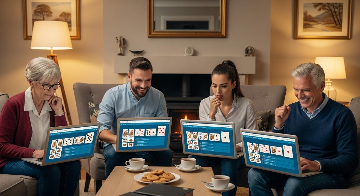 Quatre personnes de différents âges sont assises devant leurs ordinateurs portables dans un salon chaleureux, chacune concentrée sur un quiz de bridge en ligne ; sur leurs écrans, des cartes de bridge et des questions s’affichent, tandis que leurs visages expriment réflexion et enthousiasme.
