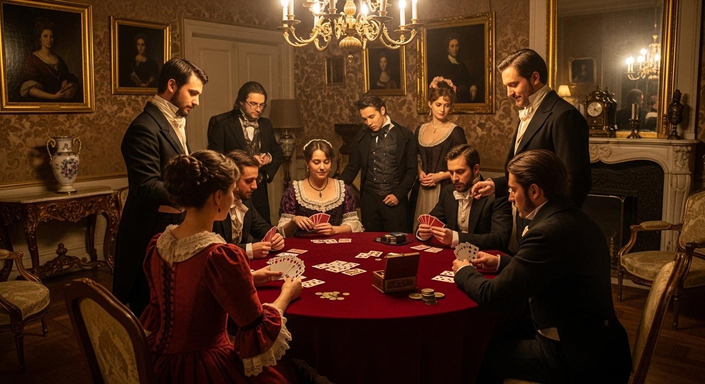 Un salon du XIXe siècle, avec des hommes et femmes élégamment vêtus jouant à la Dame de pique autour d'une table couverte de velours, éclairés par la lumière chaude d'un lustre ancien.
