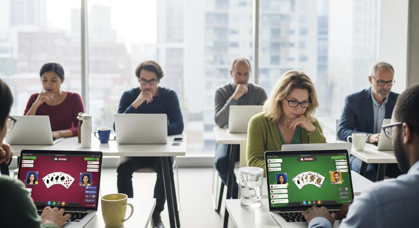 Un groupe d’adultes concentrés devant leurs ordinateurs portables, chacun sur une table différente dans un espace moderne, participant à une partie en ligne de Dame de pique, l’écran affichant des cartes et des avatars colorés.